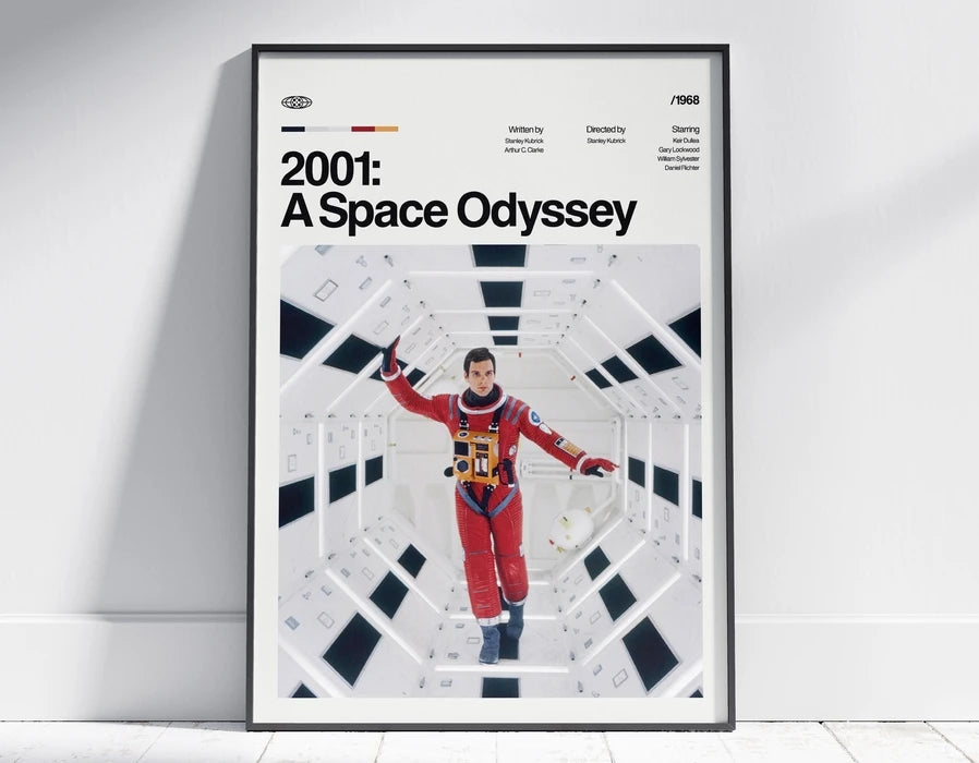 A poster titled 2001: A Space Odyssey featuring an astronaut in a spacecraft interior.