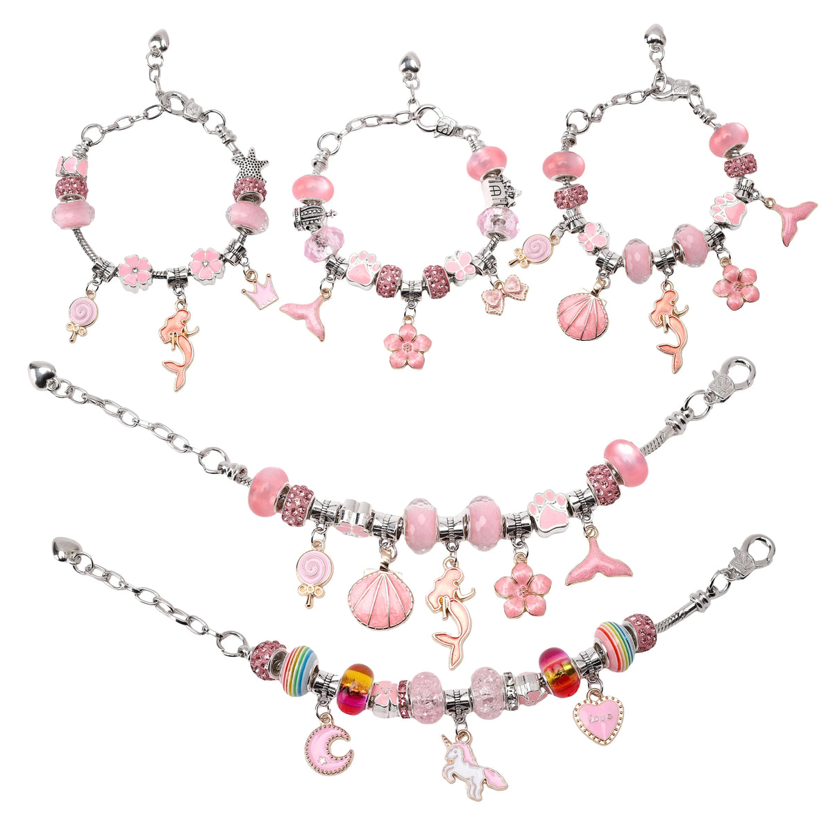 A set of silver and pink beads, charms, and findings for a DIY bracelet making kit.