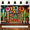 A vibrant Mexican themed backdrop featuring colorful cacti, flowers, and decorative elements for parties.