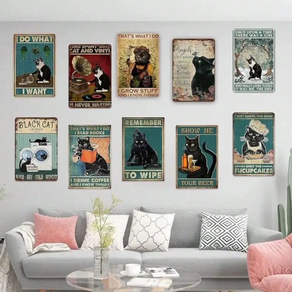 A gallery wall featuring nine framed pieces of rustic metal no trespassing style wall art with various animal subjects and na