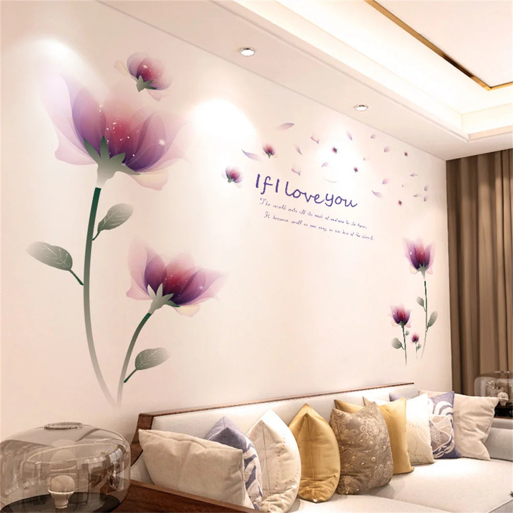 Wall stickers featuring watercolor illustrations of purple and pink roses on a white wall.