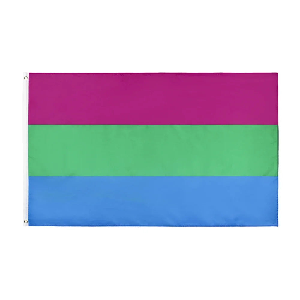 A horizontal Pride flag banner with three stripes of magenta, green, and blue.