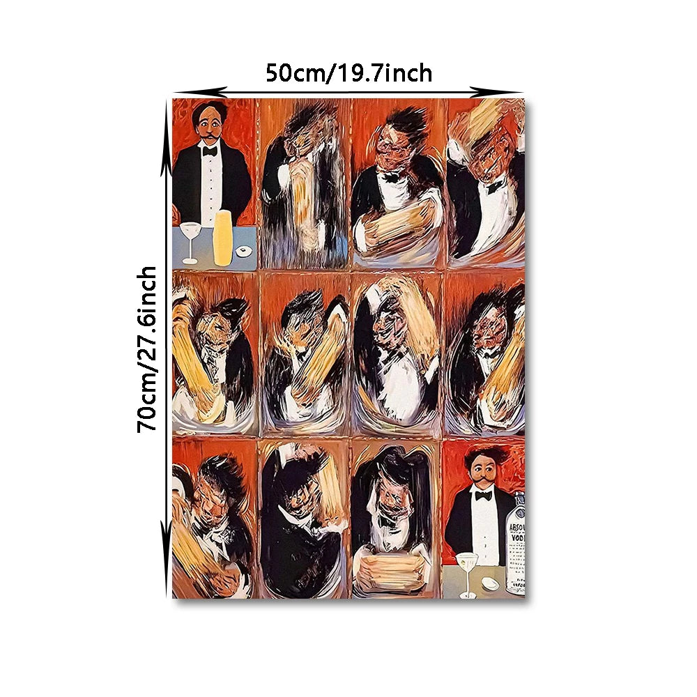 A vertical canvas print featuring a series of vintage cocktail illustrations of men in formal attire.
