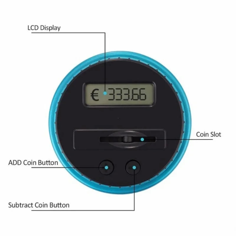 A close-up view of a digital coin counting piggy bank with an LCD display and buttons for adding or subtracting coins.