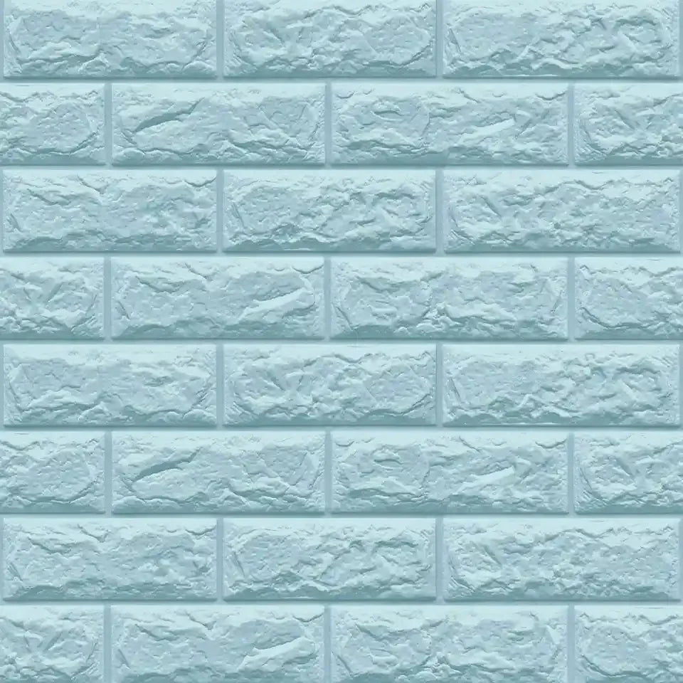 A texture of light blue, rough-cut brick wall panels used as foam wallpaper.