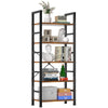 A tall, black metal and wooden bookshelf with five tiers displaying books and decorative items.