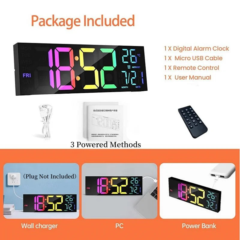 A large digital wall clock with an RGB mood light and accessories including a USB cable remote control and user manual.