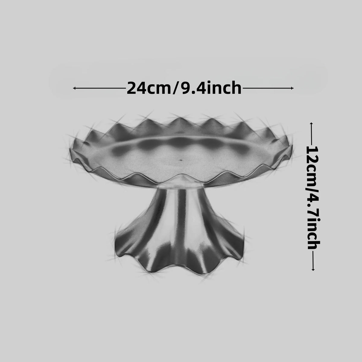 Silver round plastic cake stand with a scalloped edge and pedestal base.