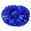 A vibrant blue pom pom made of shiny, crinkled material with a comfortable handle.