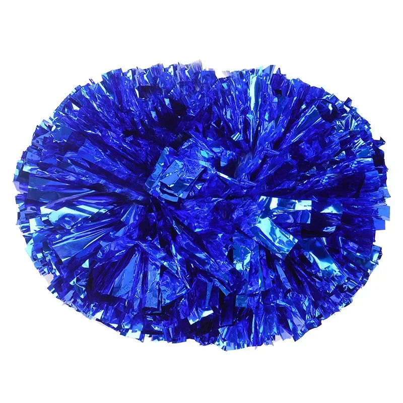 A vibrant blue pom pom made of shiny, crinkled material with a comfortable handle.