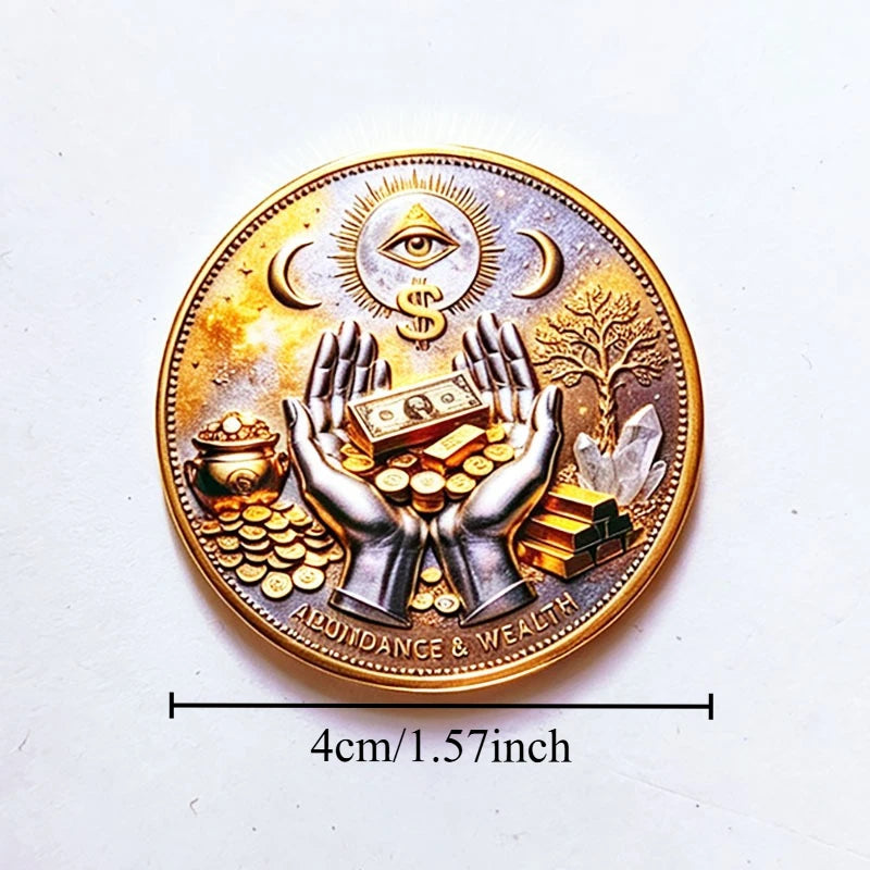 A round gold coin featuring the Eye of Providence symbol, hands holding gold coins, and a tree, with the text 'ABOUDANCE & WE