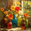 A still life painting featuring vibrant orange and yellow flowers in various glass bottles next to a window.