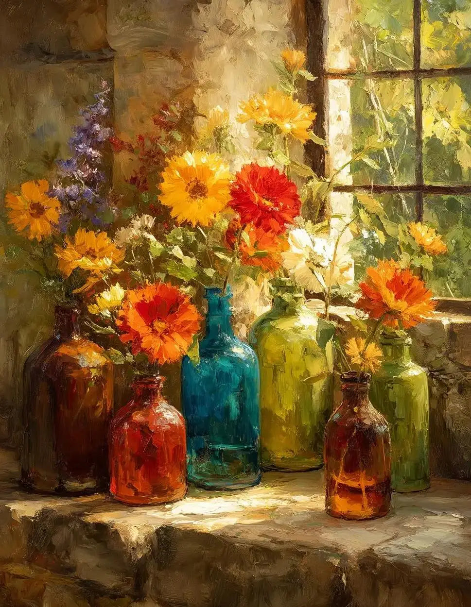 A still life painting featuring vibrant orange and yellow flowers in various glass bottles next to a window.