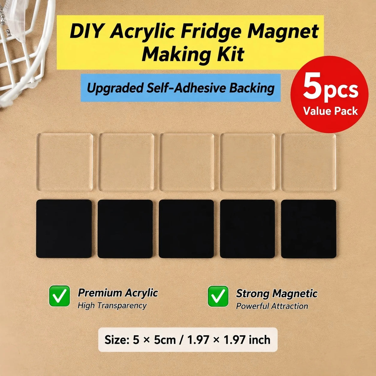 A set of five black acrylic fridge magnets and five beige acrylic fridge magnets with self-adhesive backing.