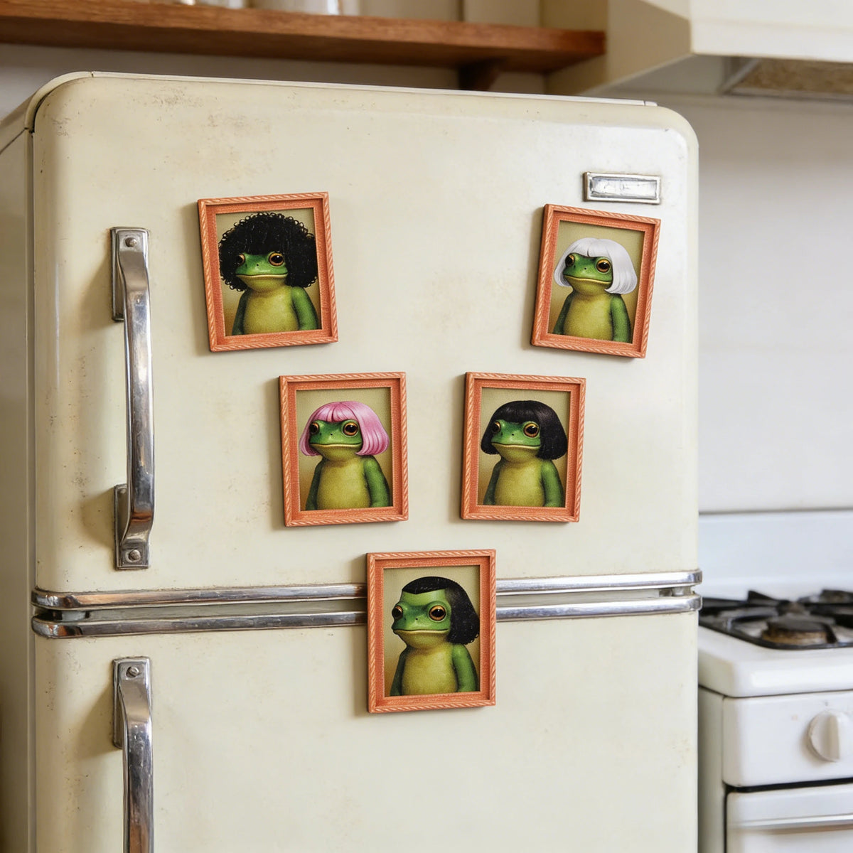 A vintage refrigerator decorated with several framed photos of whimsical frogs in wigs.