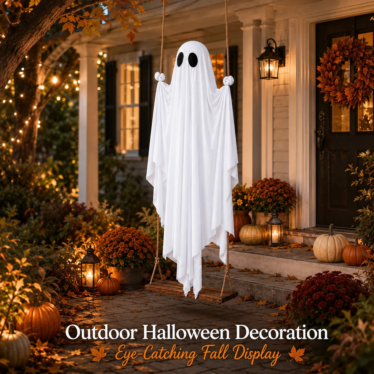 A white ghost decoration hangs outdoors on a porch, decorated for Halloween with autumn foliage and pumpkins.