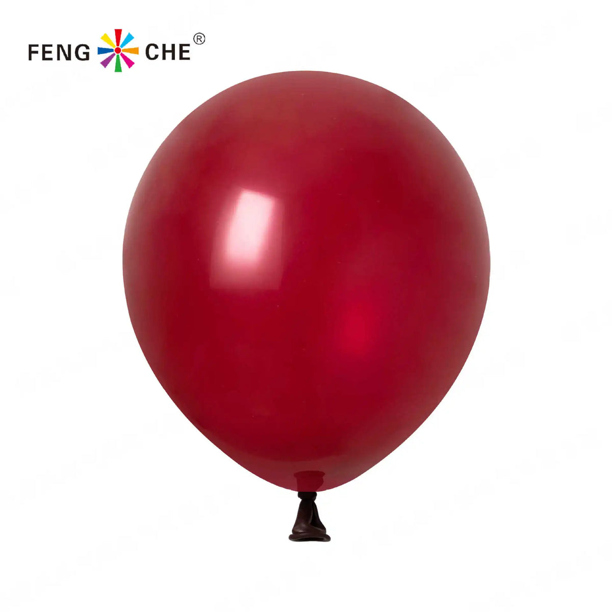 A single, glossy burgundy red latex balloon is shown against a white background.