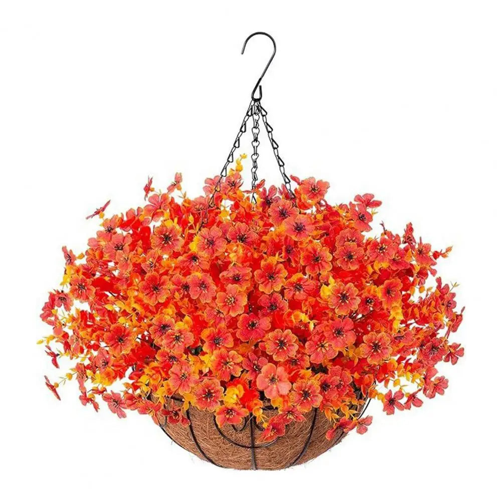 Realistic artificial orange and yellow flowers in a hanging basket suspended by chains