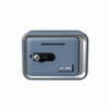 A light blue password-protected safe box with a silver frame and a black digital lock.