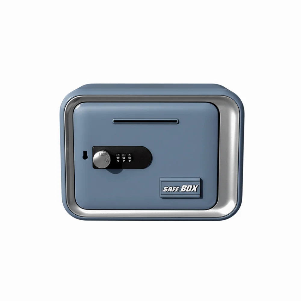A light blue password-protected safe box with a silver frame and a black digital lock.