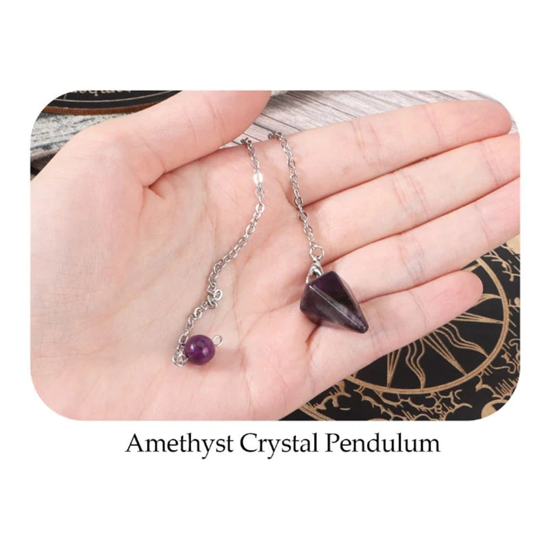 A silver chain amulet with a dark purple amethyst crystal pendant held in a person's hand.