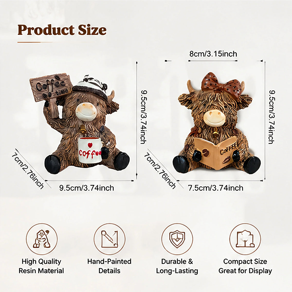 A brown resin figurine of a cow with coffee theme for desk decor, showing various sizes.