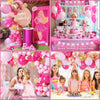 A pink and gold balloon garland arch kit for a birthday party featuring balloons and decorations.