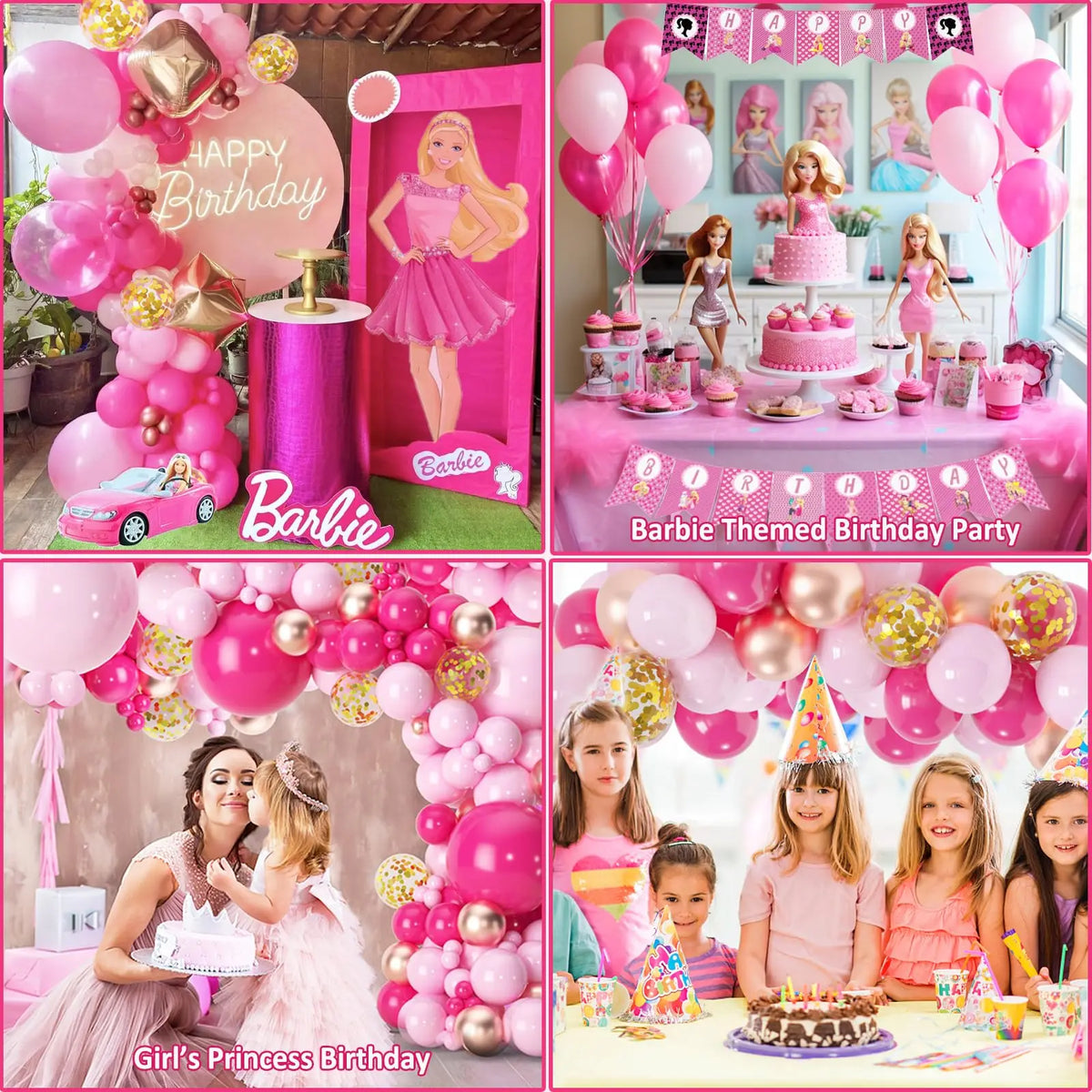 A pink and gold balloon garland arch kit for a birthday party featuring balloons and decorations.