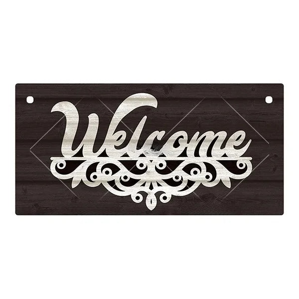 A rustic wooden hanging sign with the word Welcome carved in white relief on a dark wood background.