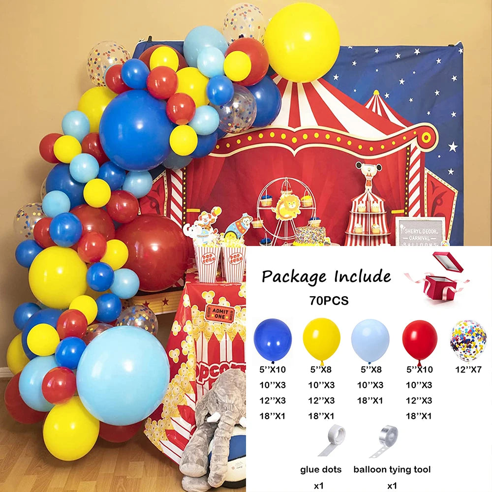 Rainbow carnival balloon garland arch kit featuring star foil accents and various colored balloons