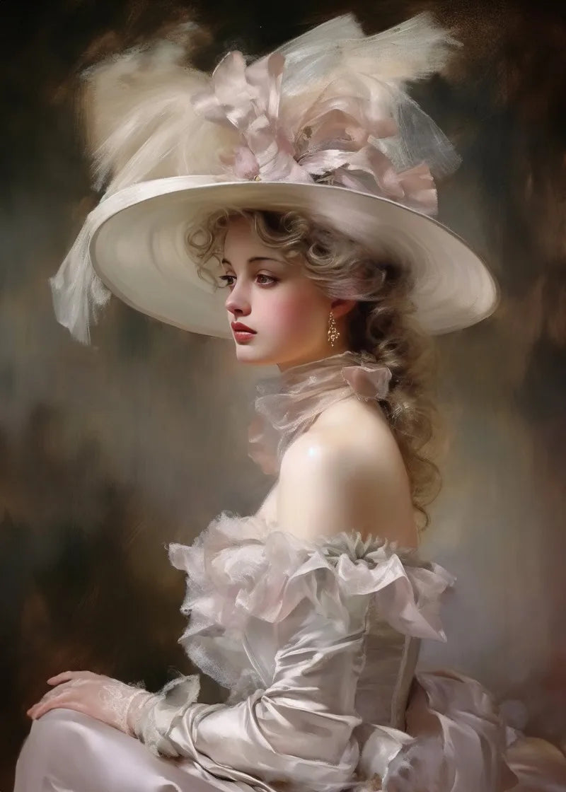 A portrait of a woman in a large, feathered hat and ruffled gown, painted in soft pinks and creams.