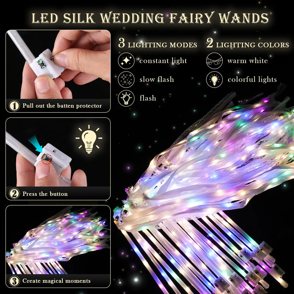 LED silk wedding fairy wands with multiple lighting modes and colors creating magical light effects