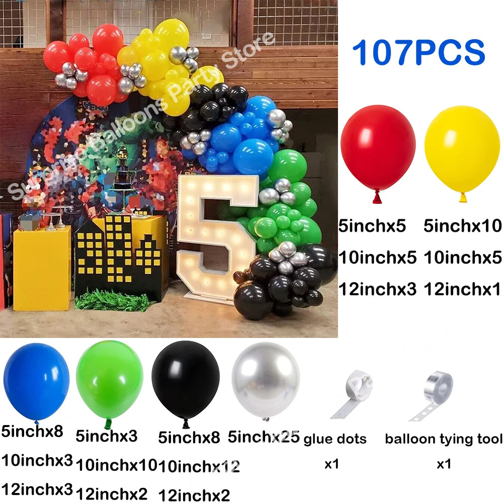 A kit for a balloon garland arch featuring various colored balloons and star foil accents.