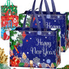 A collection of festive blue tote bags featuring holiday designs and patterns for New Year's
