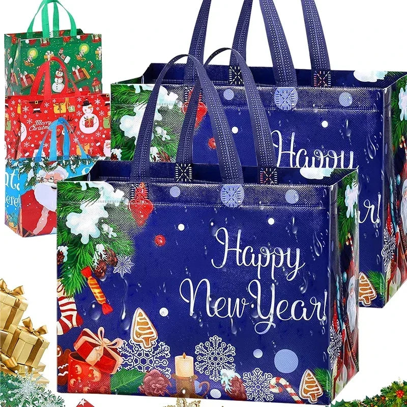 A collection of festive blue tote bags featuring holiday designs and patterns for New Year's