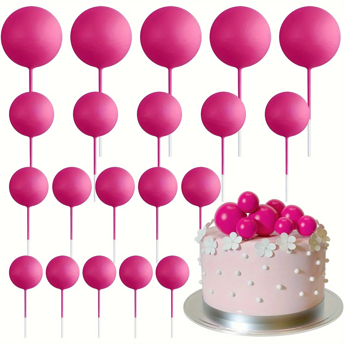 A set of twenty bright pink mini foam ball cake toppers on white sticks.