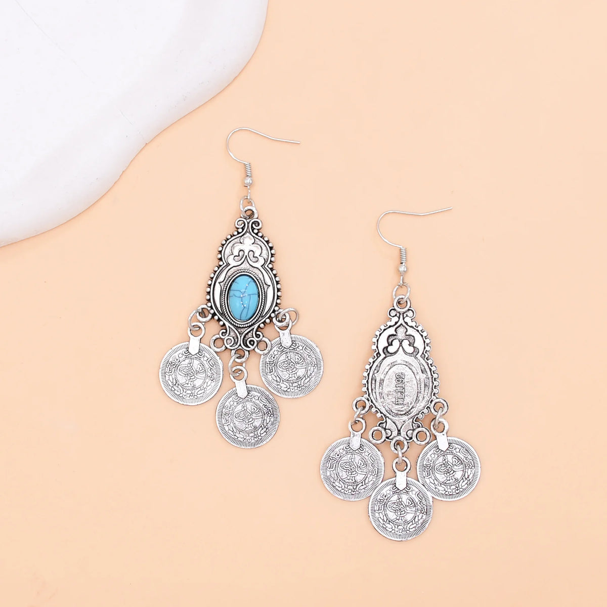 Boucles d'oreilles pendantes en pièce de monnaie turquoise bohème argentées avec charms