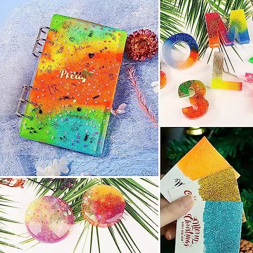 A vibrant rainbow glitter mix in a rectangular card, alongside round glitter balls and a nail art product.