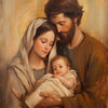 A painting depicting the Holy Family, including Mary, Joseph, and the infant Jesus, with a golden halo.
