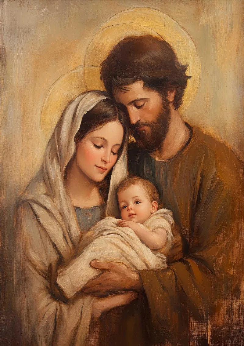 A painting depicting the Holy Family, including Mary, Joseph, and the infant Jesus, with a golden halo.