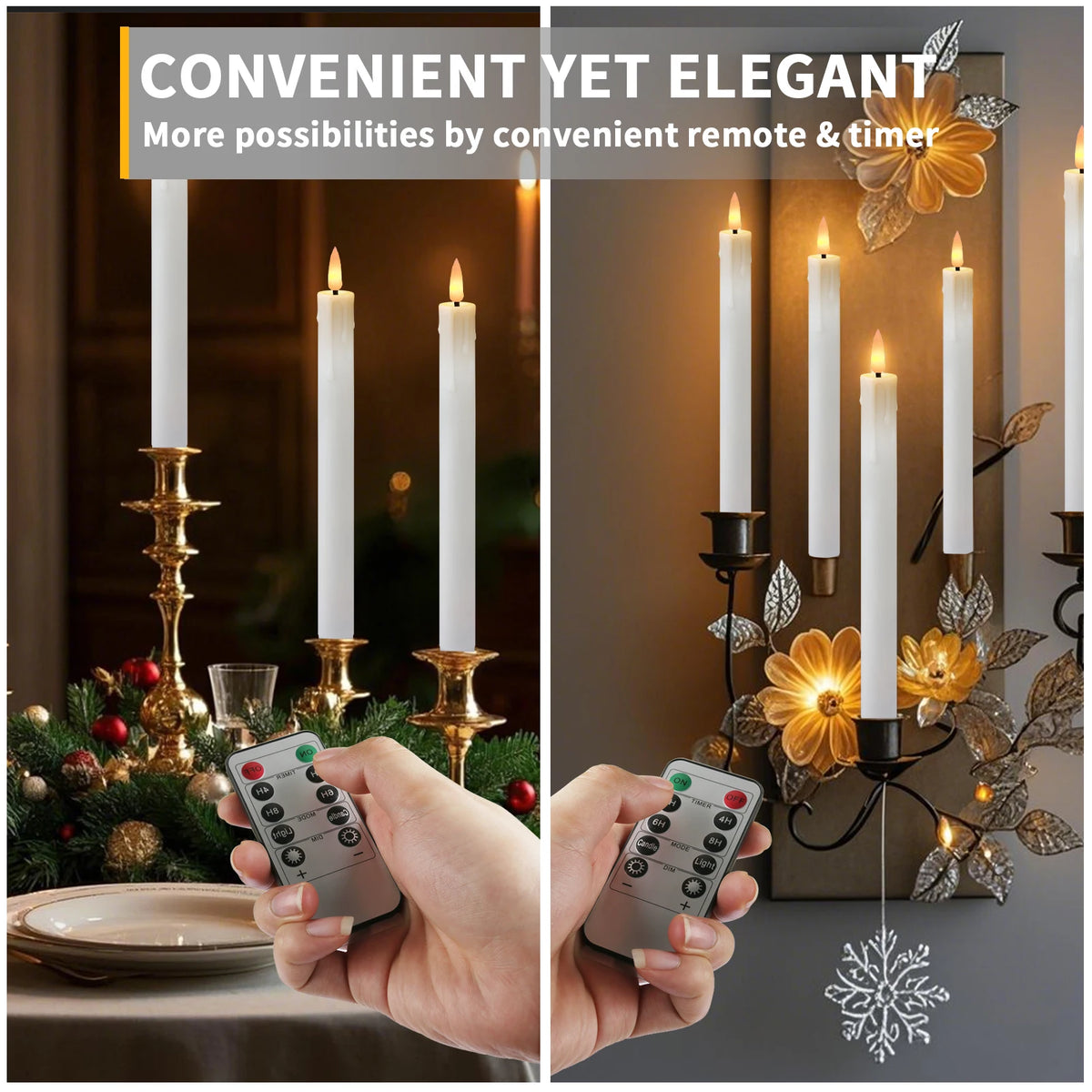 A pair of elegant white LED taper candles displayed in a gold holder, with a hand holding the remote control.