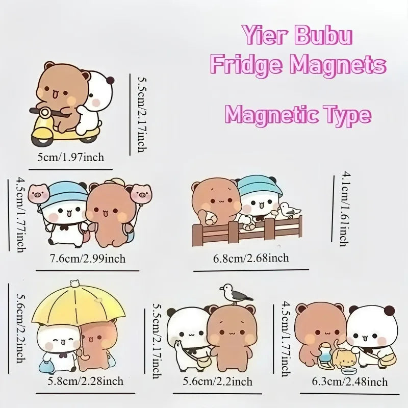 A set of six magnetic fridge magnets featuring cute panda characters in various poses and styles.
