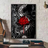 A black and white illustration of a red spider lily with intricate, dark, swirling lines on a poster print.