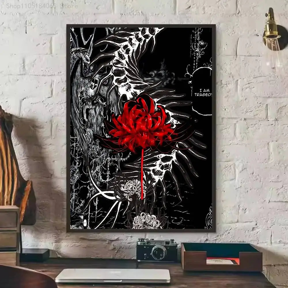 A black and white illustration of a red spider lily with intricate, dark, swirling lines on a poster print.