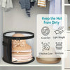 A black foldable hat storage box with a clear viewing window is shown on a shelf, highlighting features like dirt avoidance a