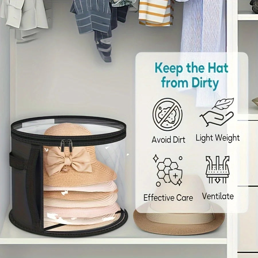 A black foldable hat storage box with a clear viewing window is shown on a shelf, highlighting features like dirt avoidance a