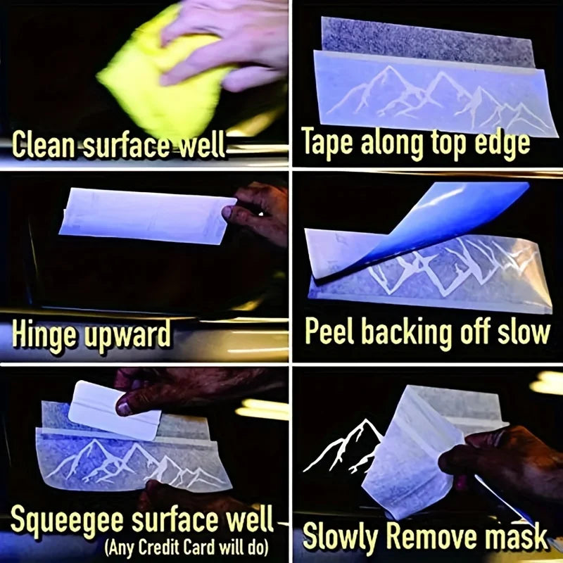 Demonstration of applying and removing a vinyl decal mask on a car window.