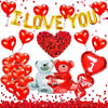 A set of red heart balloons decorated with roses and a bear, spelling out I love you.