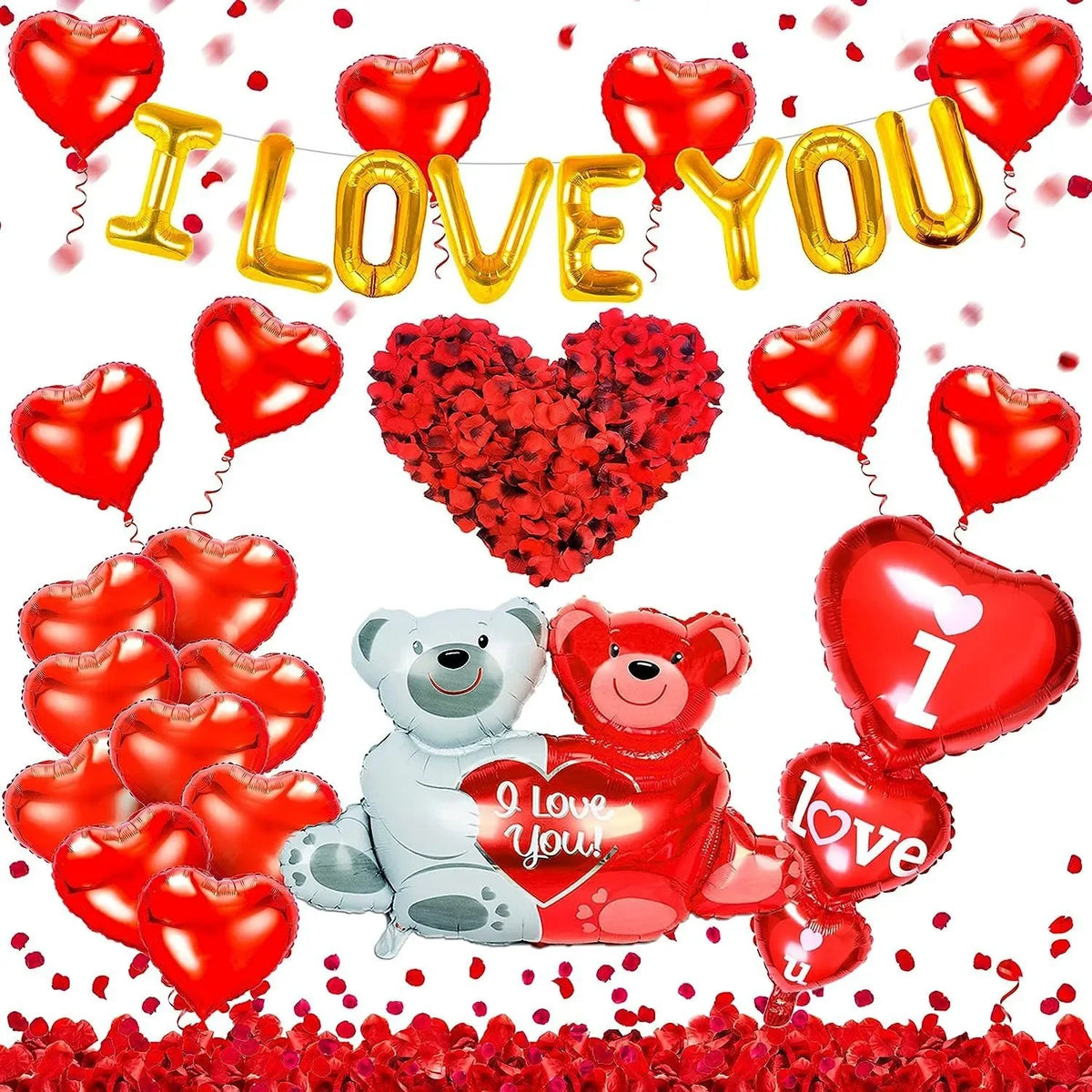 A set of red heart balloons decorated with roses and a bear, spelling out I love you.