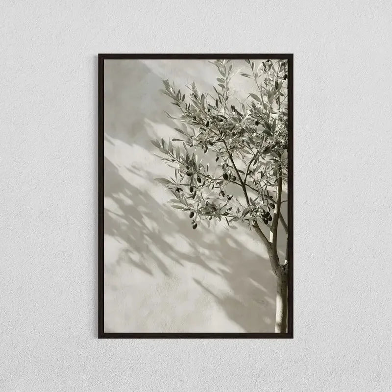 Botanical canvas wall art featuring a olive tree branch with leaves and fruit in soft light.